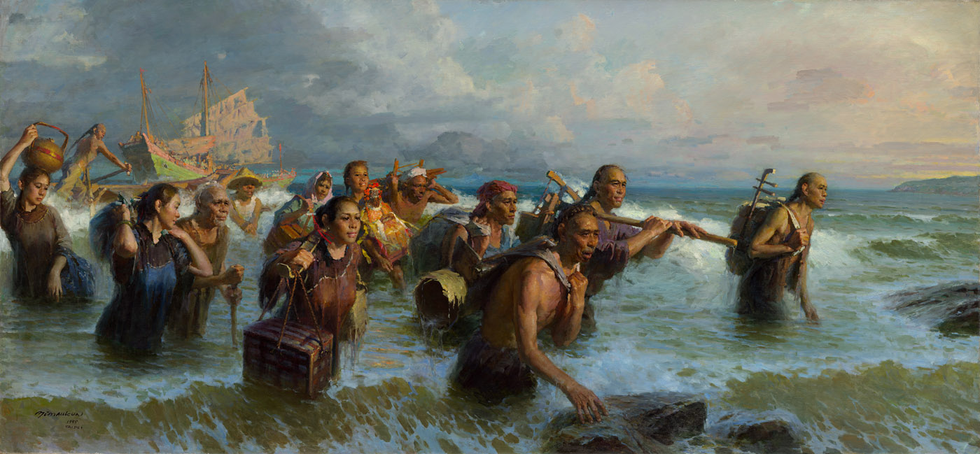 Arrival by Yim Mau-Kun, oil, 140×300cm, 1995
