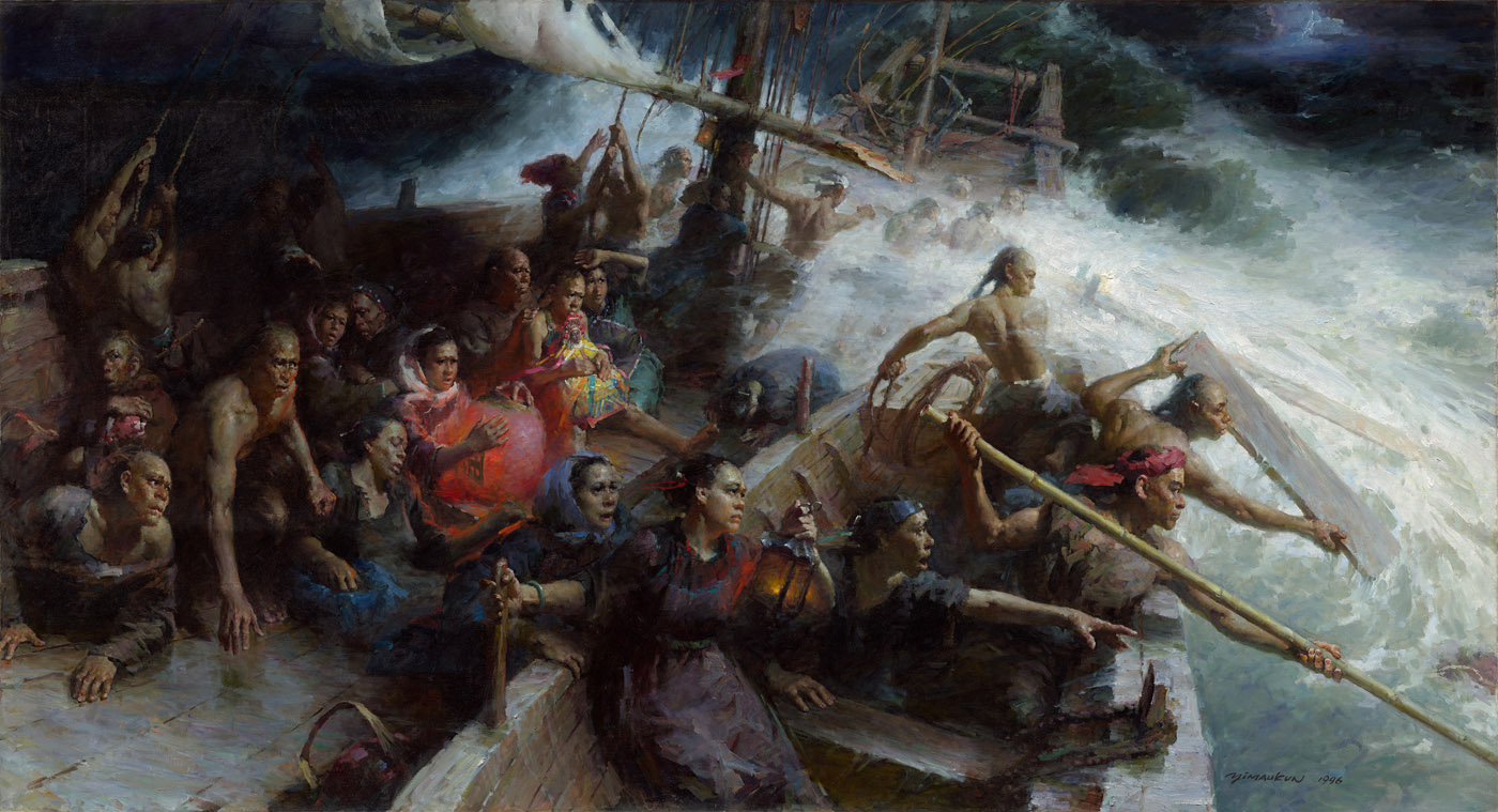 Night Waves on the Channel by Yim Mau-Kun, oil, 160×300cm, 1996