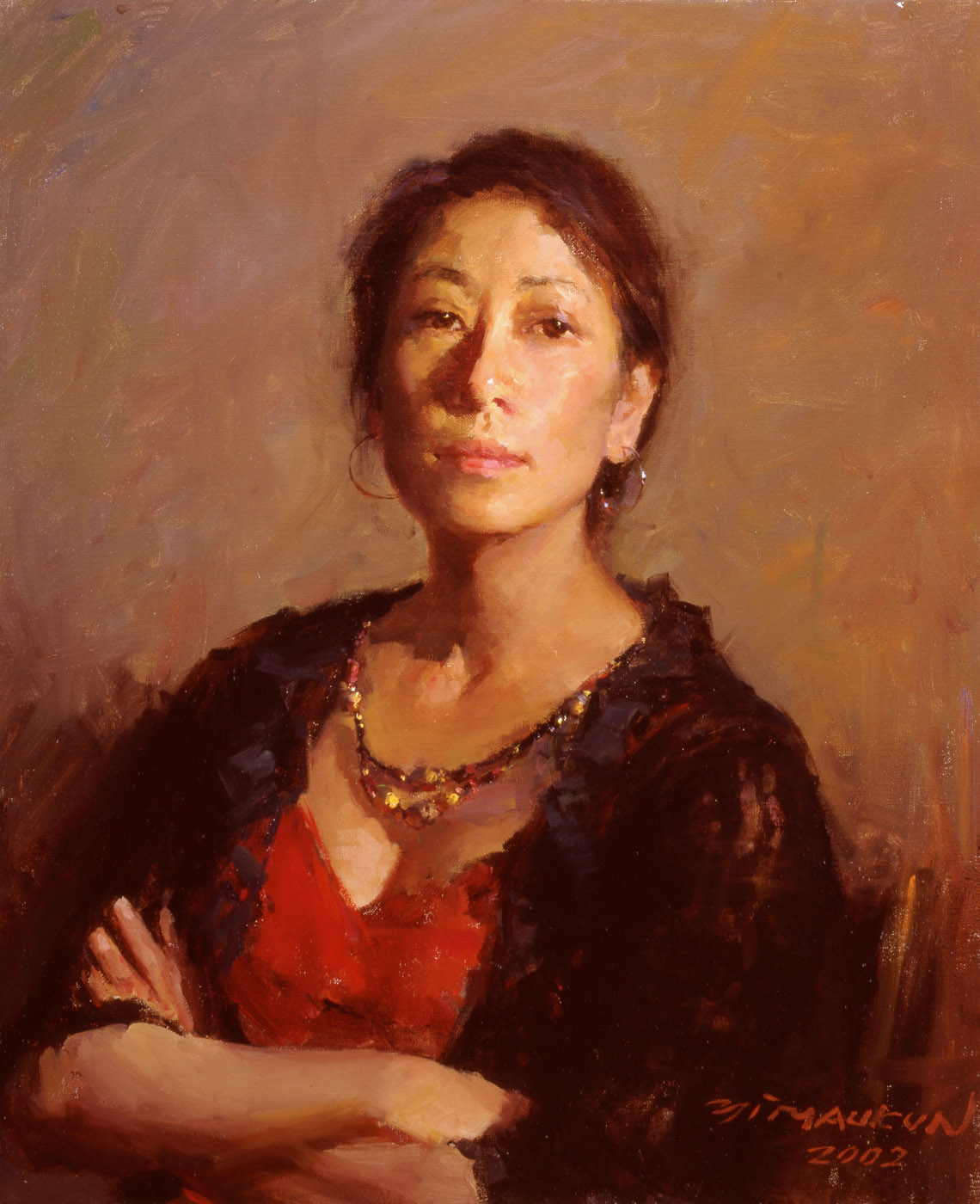 Lady in Shimmering Light 燈光下的女人 by Yim Mau-Kun, oil, 60.6×50cm, 2002