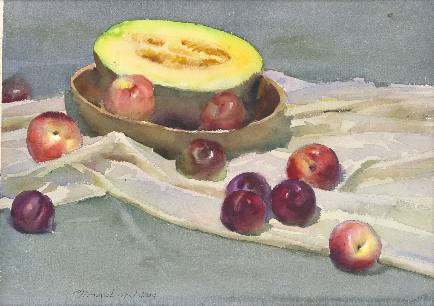 Hami Melon and Red Plums by Yim Mau-Kun, watercolor, 36×51cm, 2004