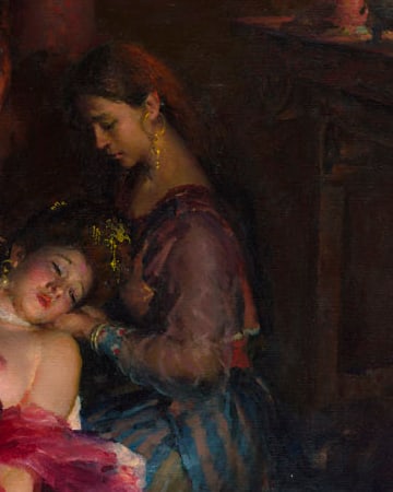 Detail: an attendant cradling the dying consort's head, her gaze lowered in tenderness
