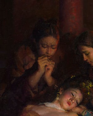 Detail: a woman with clasped hands pressed to her lips, grief turned inward