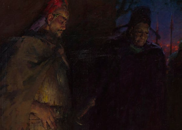 Detail: two officials waiting in shadow at the edge of the scene