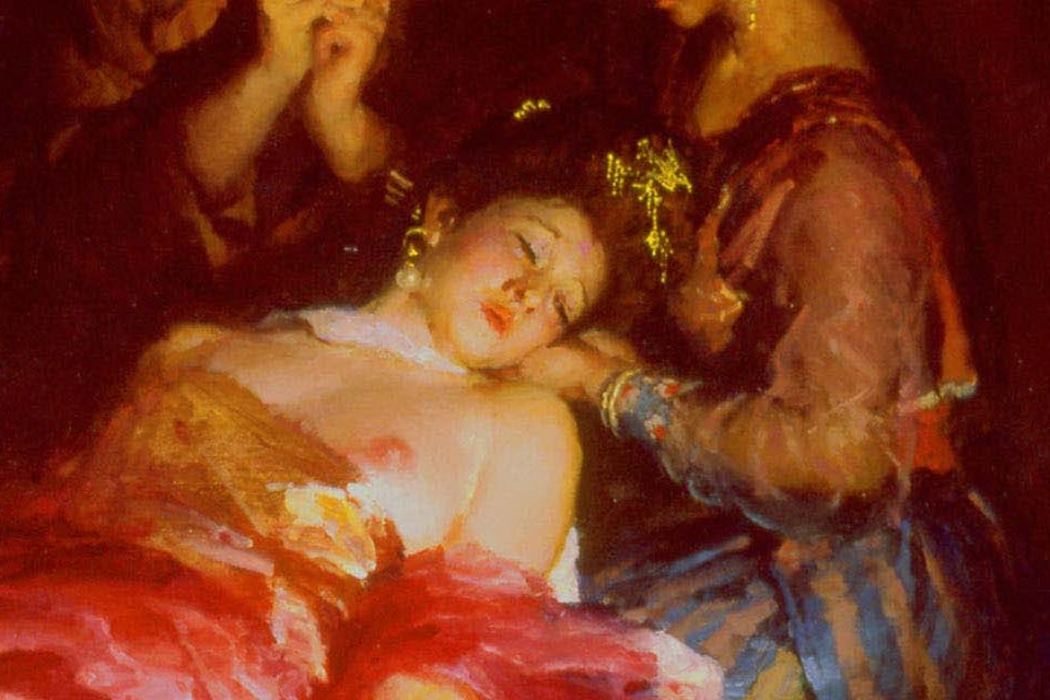 Detail from Yim Mau-Kun's oil painting Death of a Concubine — the face of the imperial consort Yang Guifei in her final moments, cradled by an attendant