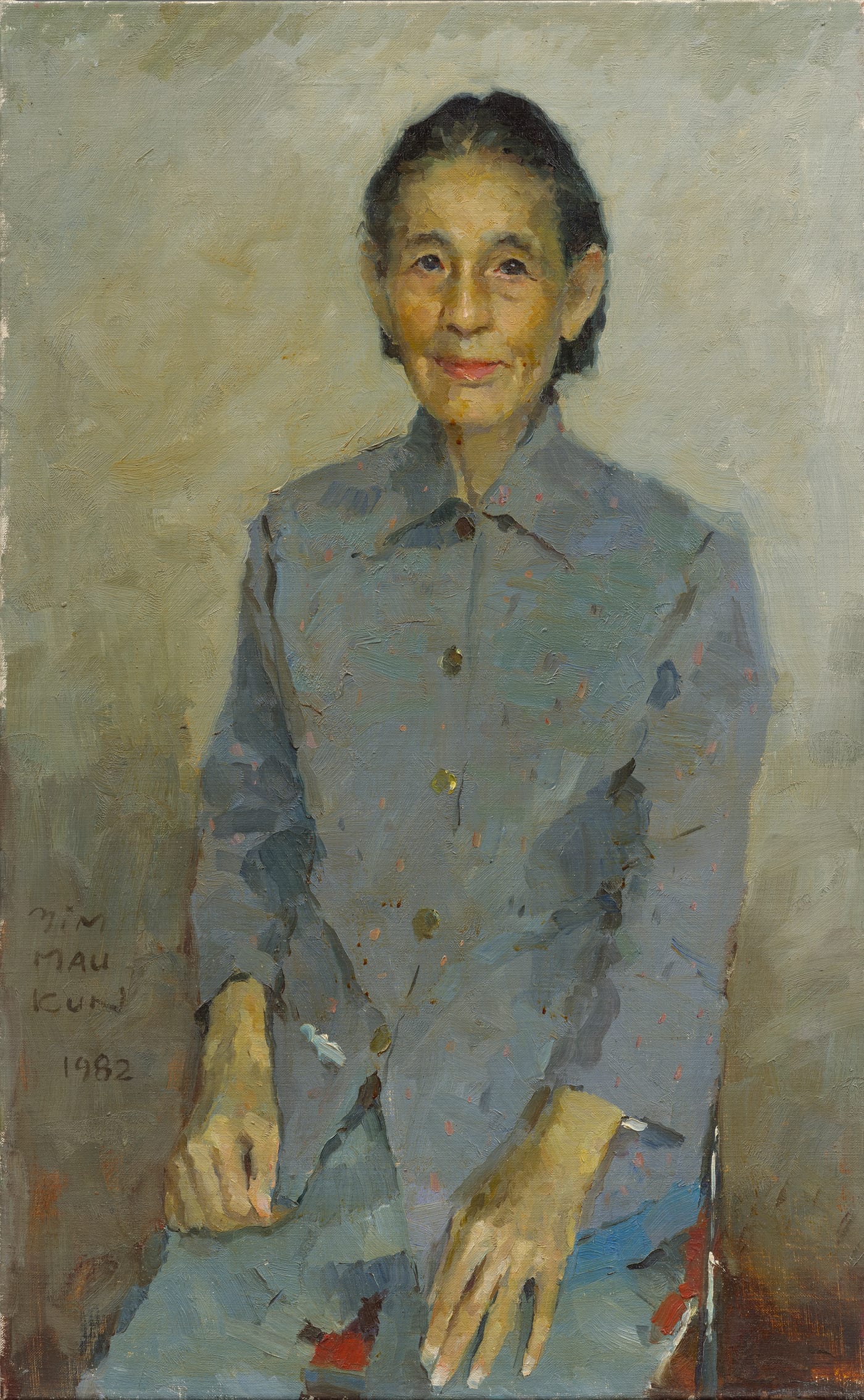 Oil portrait of Huangfu Dao'an, the artist's mother, seated in a grey-blue jacket, by Yim Mau-Kun