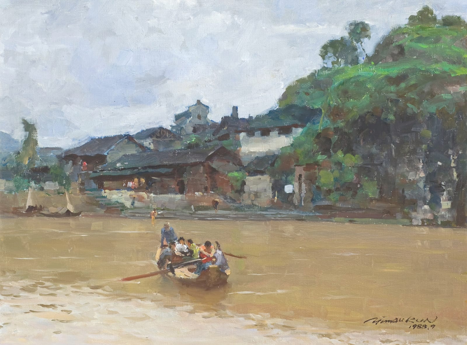 冉茂芹 1988 年湘西寫生油畫：渾黃河面上一艘載人的小船，岸邊是吊腳樓與青山