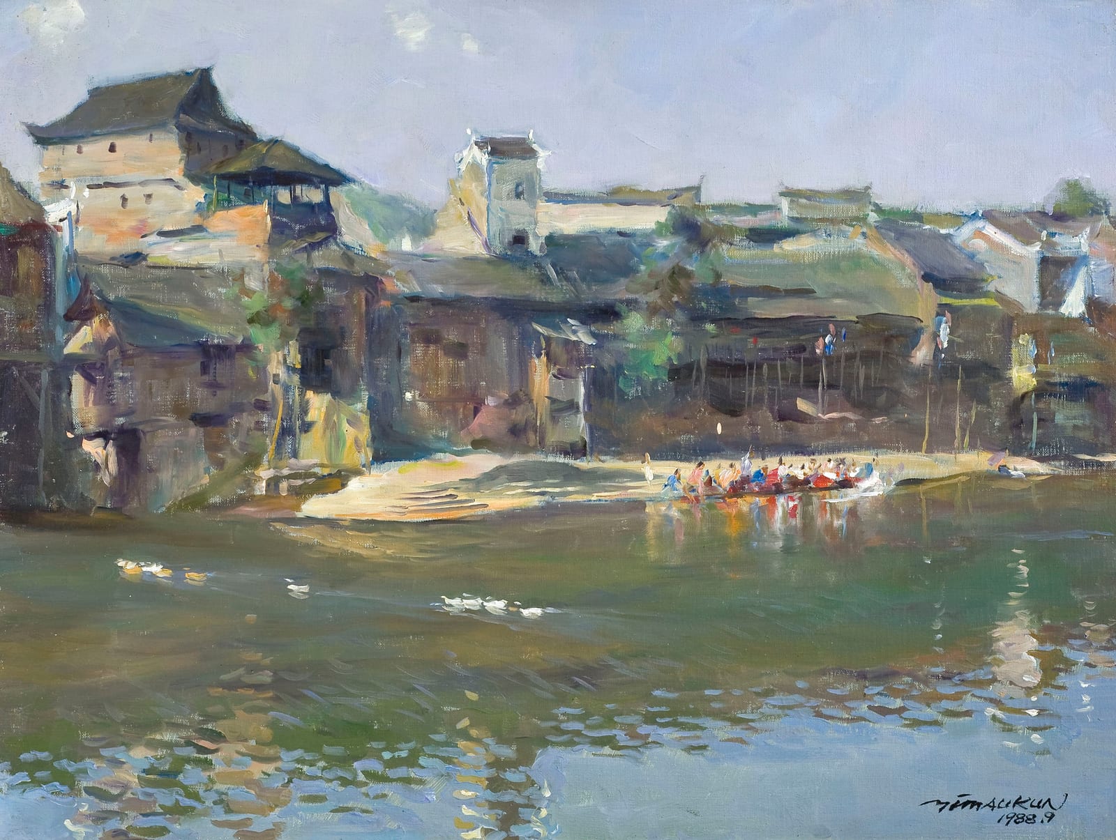 A 1988 plein-air oil by Yim Mau-Kun: a riverside town with traditional roofs and a temple, and a boat of people on the river