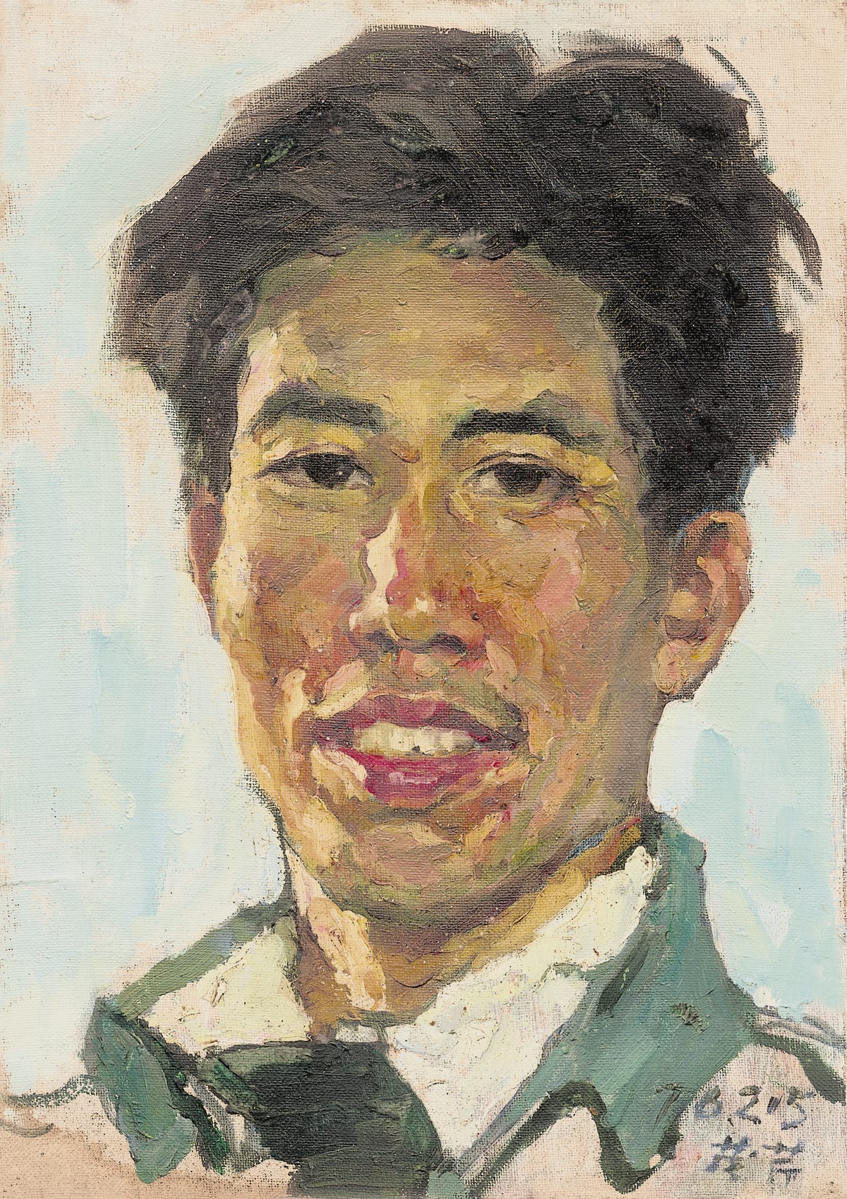 Yim Mau-Kun's 1976 oil portrait of the painter Lin Fengsu, young, facing forward with a slight smile