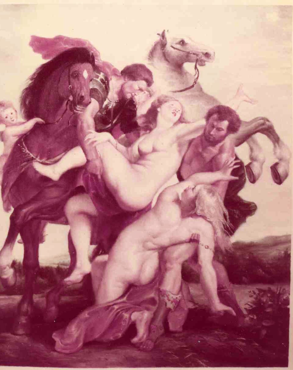 An old photograph of an oil painting Yim Mau-Kun copied in his early Hong Kong years — a replica after Rubens's The Rape of the Daughters of Leucippus, the photo now shifted toward magenta with age